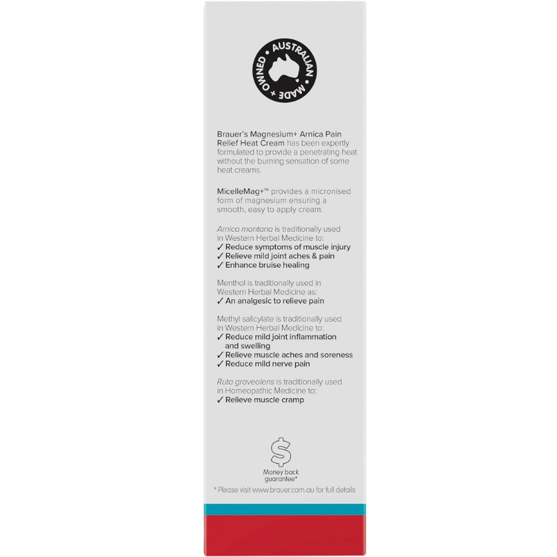 Brauer Magnesium+ Arnica Pain Relief Heat Cream 100g premium Australian warming magnesium cream with Arnica for muscle and joint comfort.