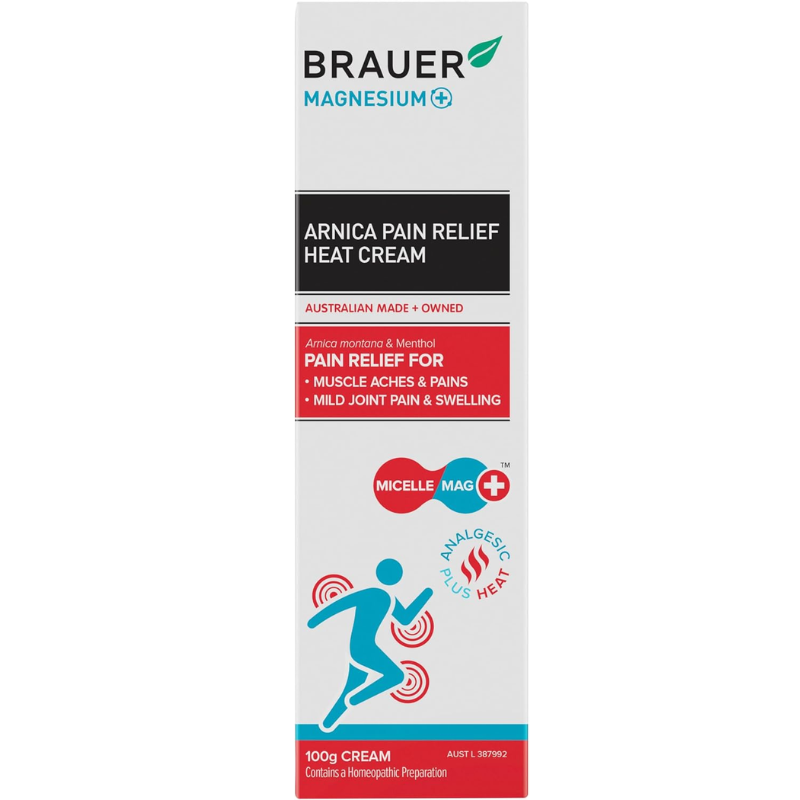 Brauer Magnesium+ Arnica Pain Relief Heat Cream 100g premium Australian warming magnesium cream with Arnica for muscle and joint comfort.