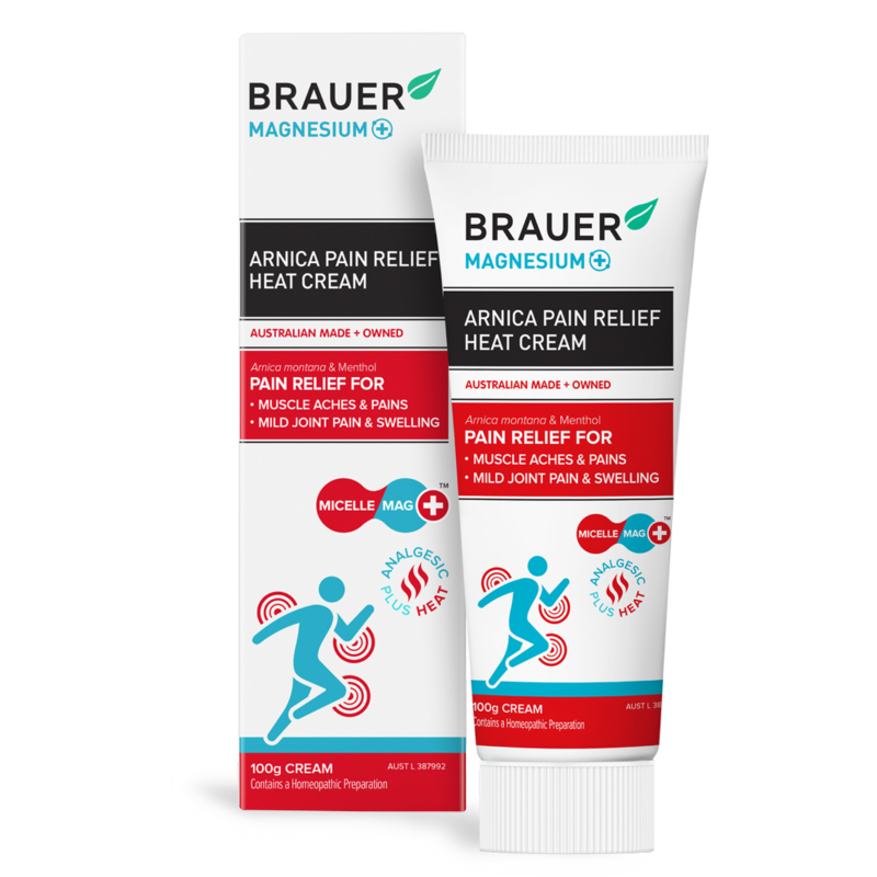 Brauer Magnesium+ Arnica Pain Relief Heat Cream 100g premium Australian warming magnesium cream with Arnica for muscle and joint comfort.