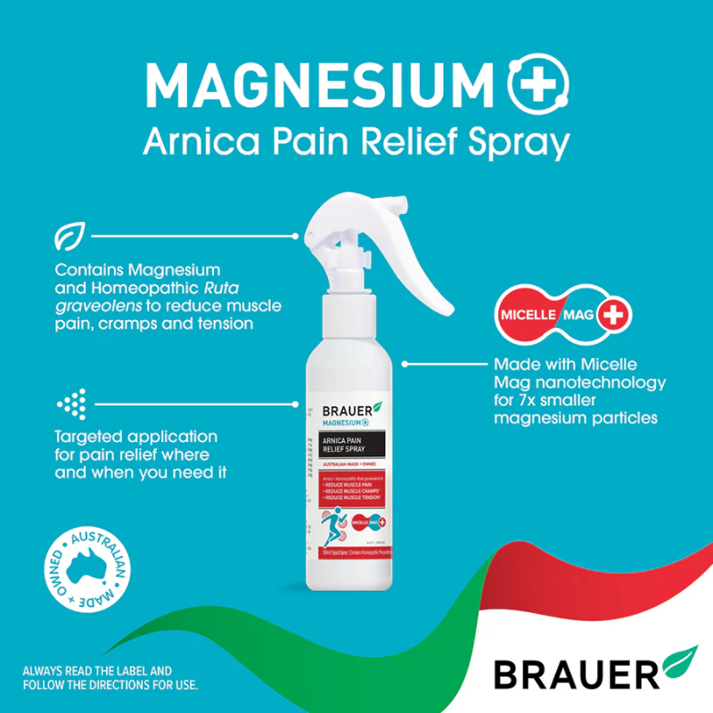 Brauer Magnesium+ Arnica Pain Relief Spray 100ml premium Australian magnesium spray with Arnica for muscle and joint comfort.