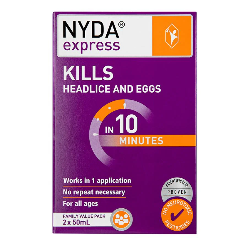 Brauer NYDA Express Family Pack 100ml with 2 x 50ml bottles and lice comb for physical treatment of head lice and eggs.