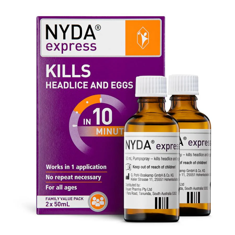 Brauer NYDA Express Family Pack 100ml with 2 x 50ml bottles and lice comb for physical treatment of head lice and eggs.