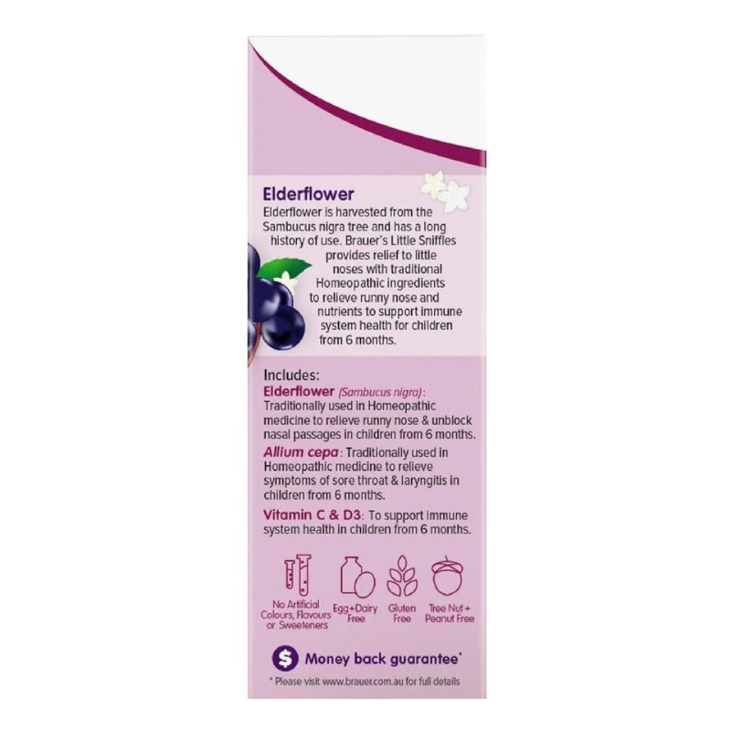 Brauer Sambucus Little Sniffles 50ml premium Australian oral liquid with vitamin C, vitamin D3 and black elderberry for children.