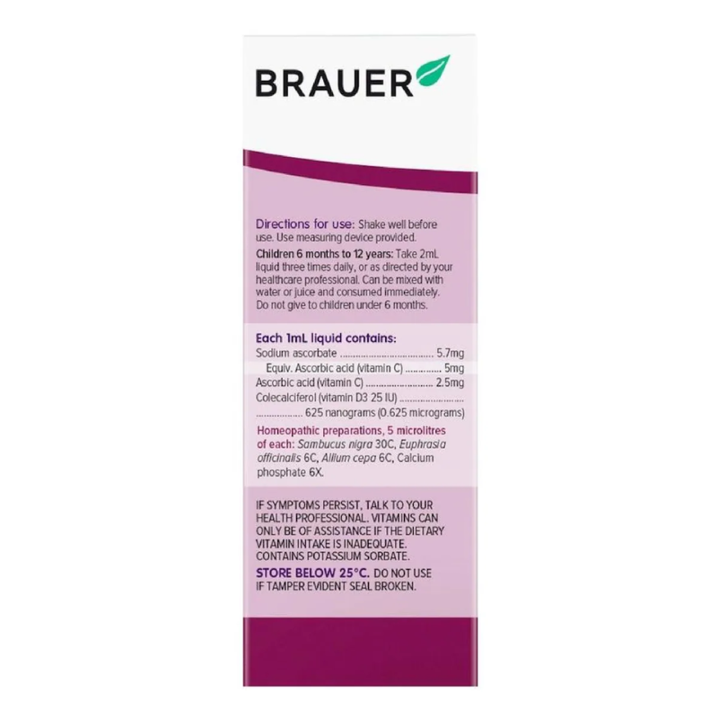 Brauer Sambucus Little Sniffles 50ml premium Australian oral liquid with vitamin C, vitamin D3 and black elderberry for children.