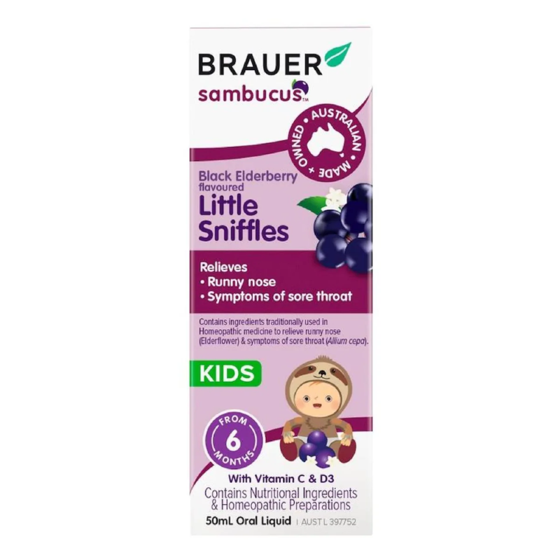 Brauer Sambucus Little Sniffles 50ml premium Australian oral liquid with vitamin C, vitamin D3 and black elderberry for children.