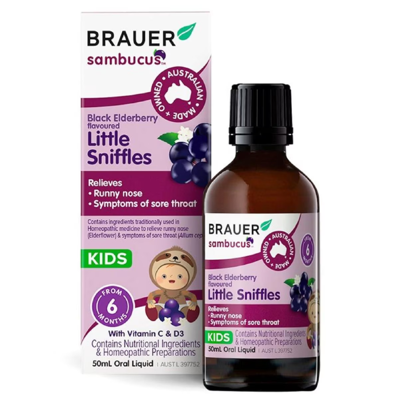 Brauer Sambucus Little Sniffles 50ml premium Australian oral liquid with vitamin C, vitamin D3 and black elderberry for children.