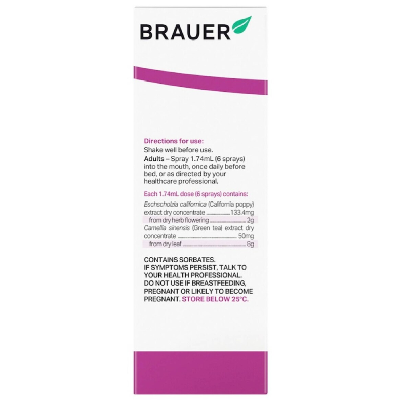 Brauer Sleep Easy Oral Spray 50ml Australian herbal oral spray with California Poppy and L-Theanine for bedtime relaxation.