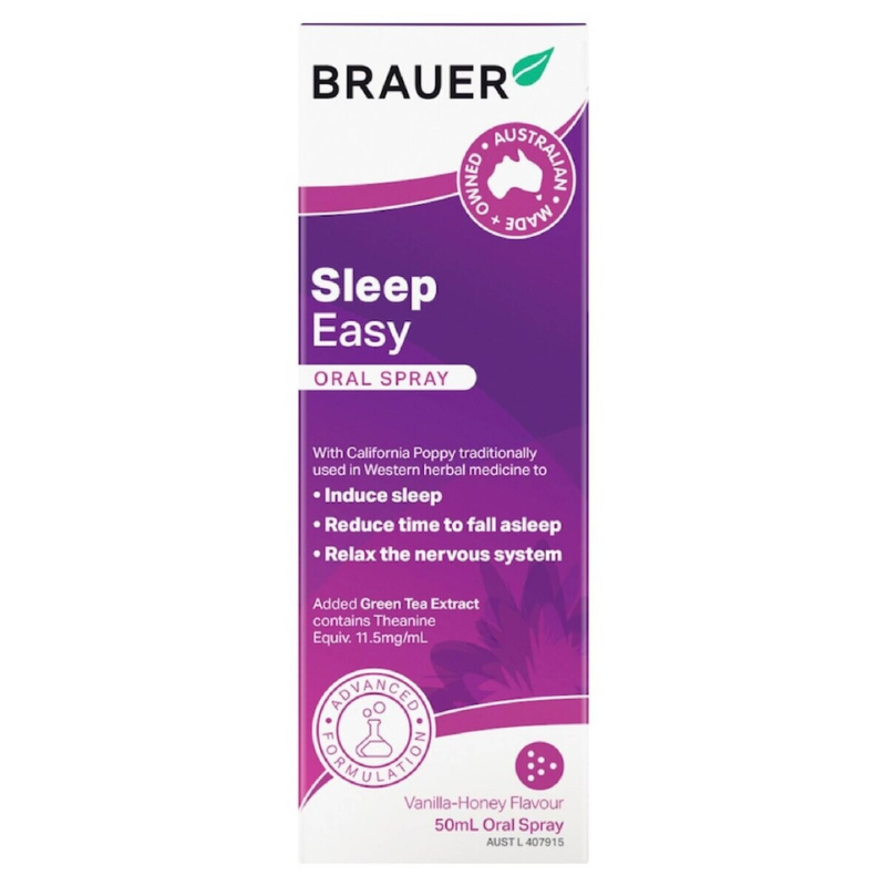 Brauer Sleep Easy Oral Spray 50ml Australian herbal oral spray with California Poppy and L-Theanine for bedtime relaxation.