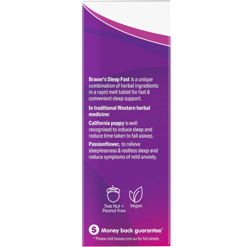 Brauer Sleep Fast 60 Tablets premium Australian rapid melt herbal sleep support tablets with California Poppy and Passionflower for adults.
