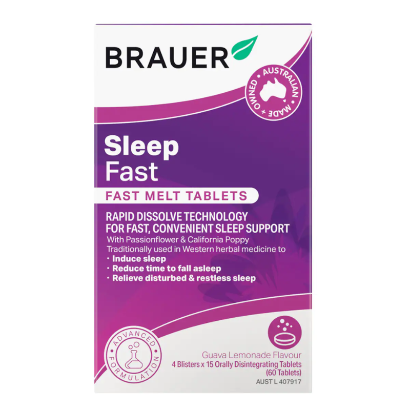 Brauer Sleep Fast 60 Tablets premium Australian rapid melt herbal sleep support tablets with California Poppy and Passionflower for adults.