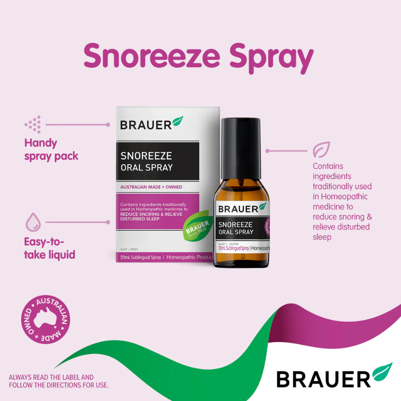 Brauer Snoreeze Oral Spray 20ml premium Australian homeopathic oral spray in a convenient travel-size bottle.