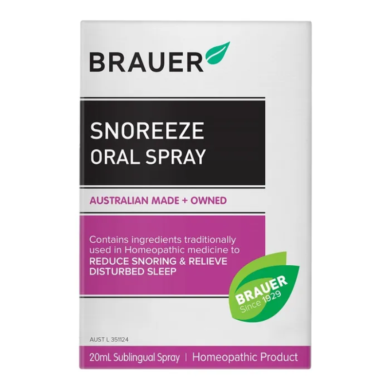 Brauer Snoreeze Oral Spray 20ml premium Australian homeopathic oral spray in a convenient travel-size bottle.