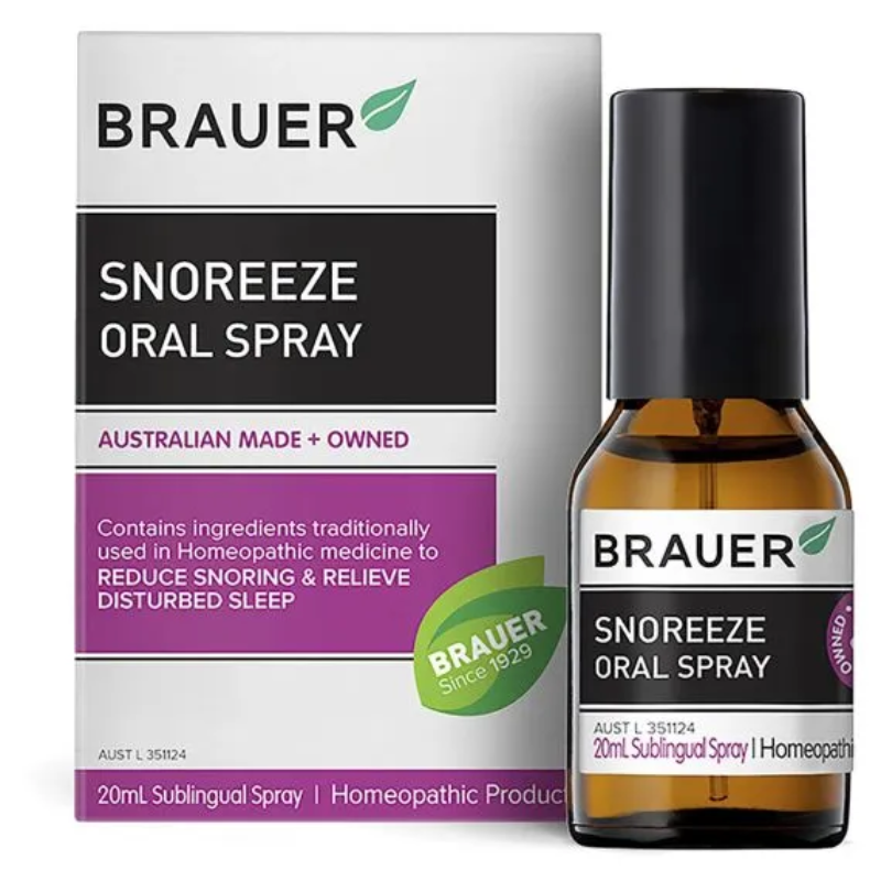 Brauer Snoreeze Oral Spray 20ml premium Australian homeopathic oral spray in a convenient travel-size bottle.