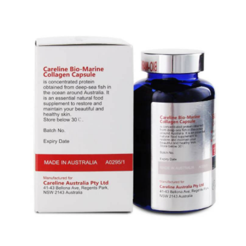 Careline Bio Marine Collagen 100 Capsules, marine collagen supplement supporting skin hydration, elasticity, hair strength and nail health.