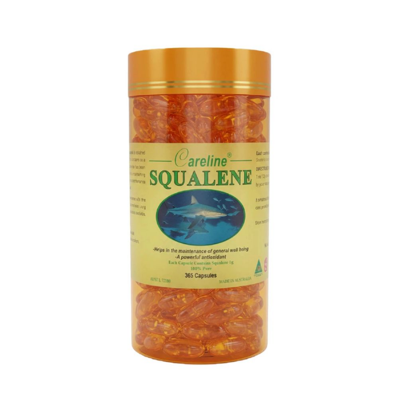 Careline 100% Pure Squalene 1000mg 365 capsules premium Australian supplement formulated to support skin hydration, elasticity, antioxidant protection, and overall skin health.