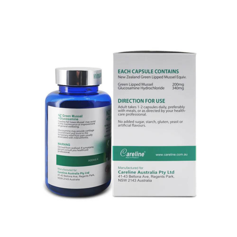 Careline Blue Summit NZ Green Mussel + Glucosamine 120 capsules premium Australian joint health supplement with New Zealand green-lipped mussel and glucosamine for mobility support.