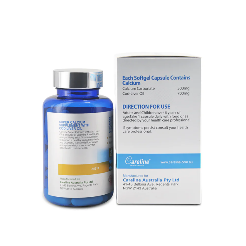 Careline Blue Summit Super Calcium Supplement with Cod Liver Oil 60 capsules premium Australian bone health supplement formulated to support strong bones, teeth, and joint health with calcium and cod liver oil.