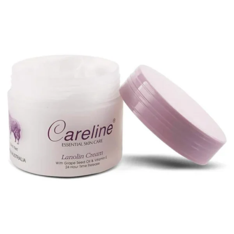 Careline Lanolin Cream Grape Seed Oil VE 100ml, nourishing moisturiser enriched with lanolin and grape seed oil to hydrate, soften and repair dry skin.
