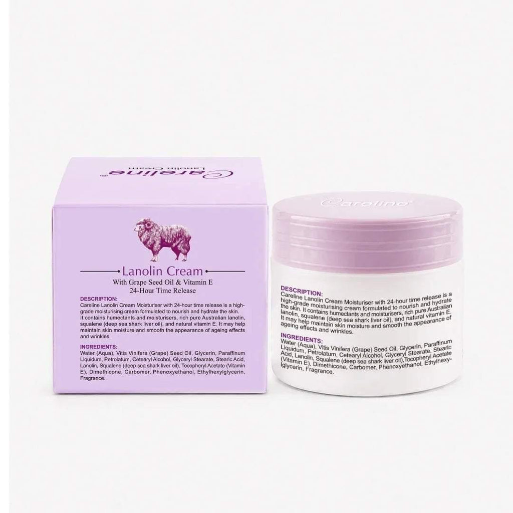Caroline Lanolin Cream product packaging, featuring a lavender purple box with a pink zebra logo and a matching translucent purple jar with a white label, set against a plain white background.