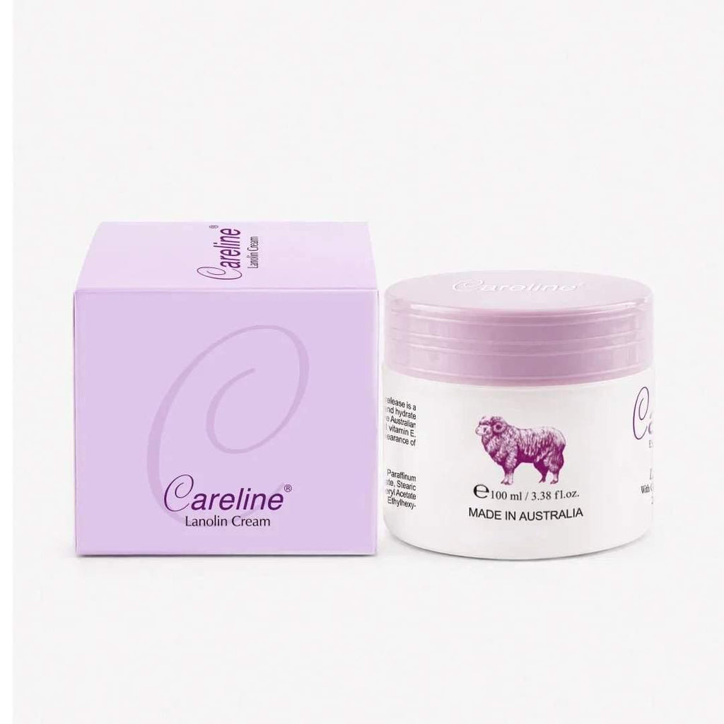 Careline Landin Cream 100ml jar next to its lavender purple packaging box, featuring a purple sheep logo on a white jar with a lavender lid, set against a light gray background.