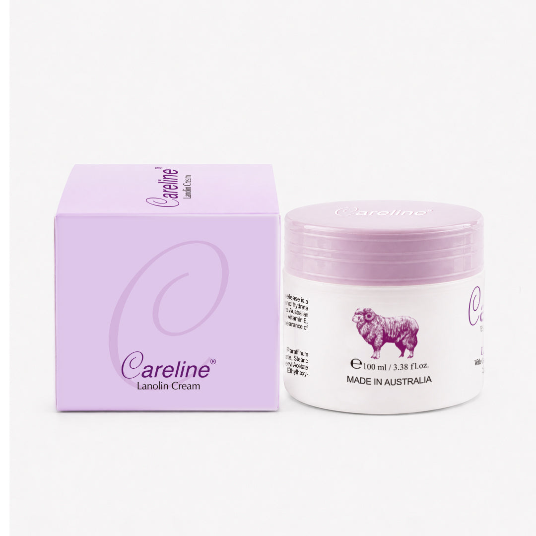 Careline Landin Cream 100ml jar next to its lavender purple packaging box, featuring a purple sheep logo on a white jar with a lavender lid, set against a light gray background.