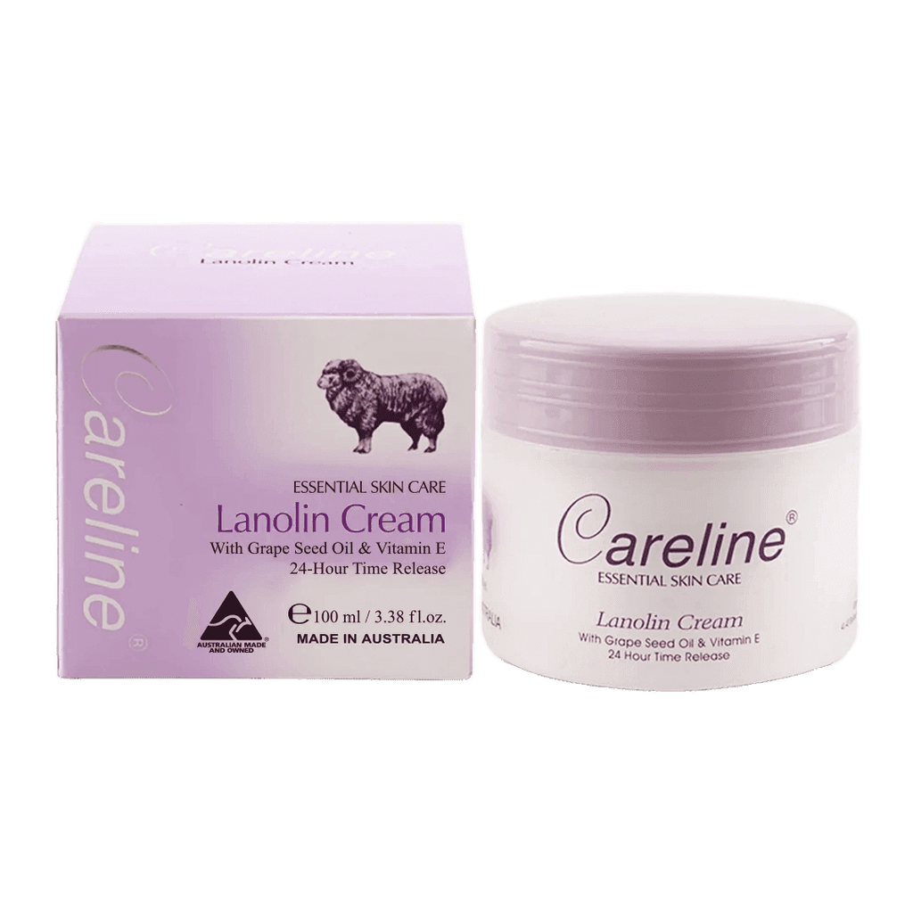 Careline Lanolin Cream 100ml jar next to its light purple packaging box, featuring a sheep logo and product details on a white background.