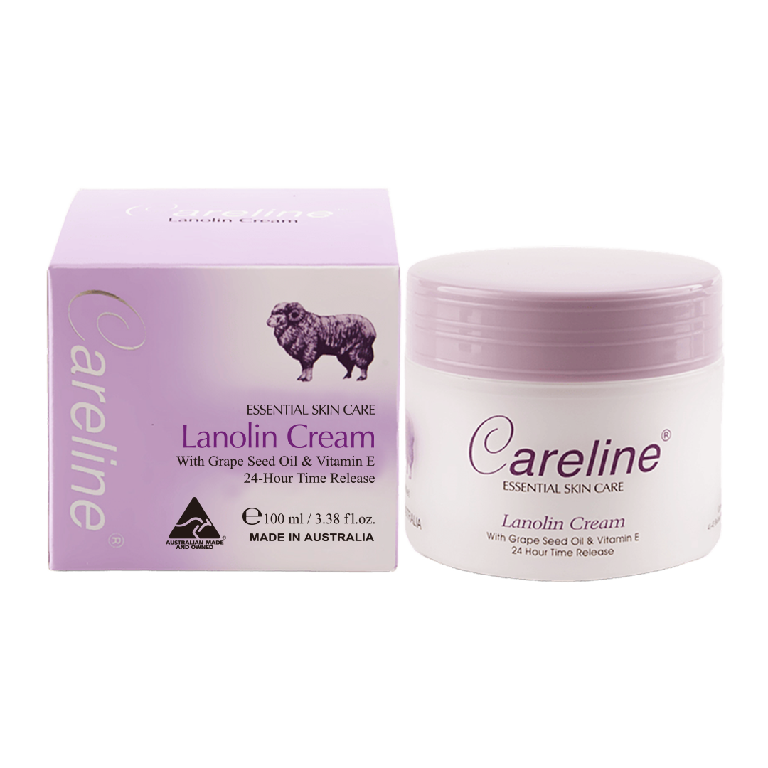 Careline Lanolin Cream 100ml jar next to its light purple packaging box, featuring a sheep logo and product details on a white background.