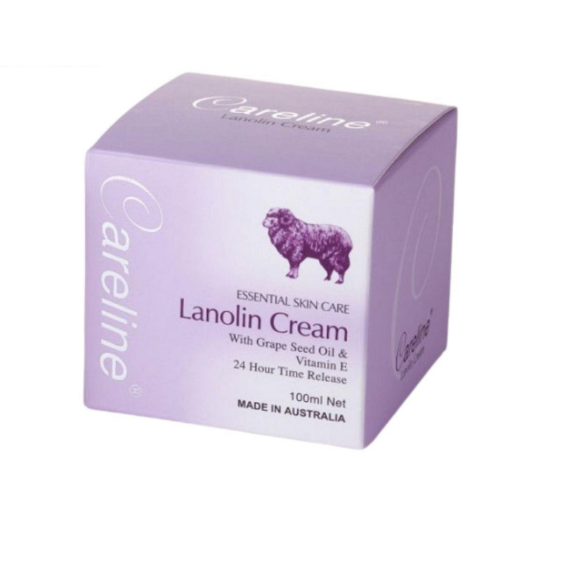 Careline Lanolin Cream Grape Seed Oil VE 100ml, nourishing moisturiser enriched with lanolin and grape seed oil to hydrate, soften and repair dry skin.