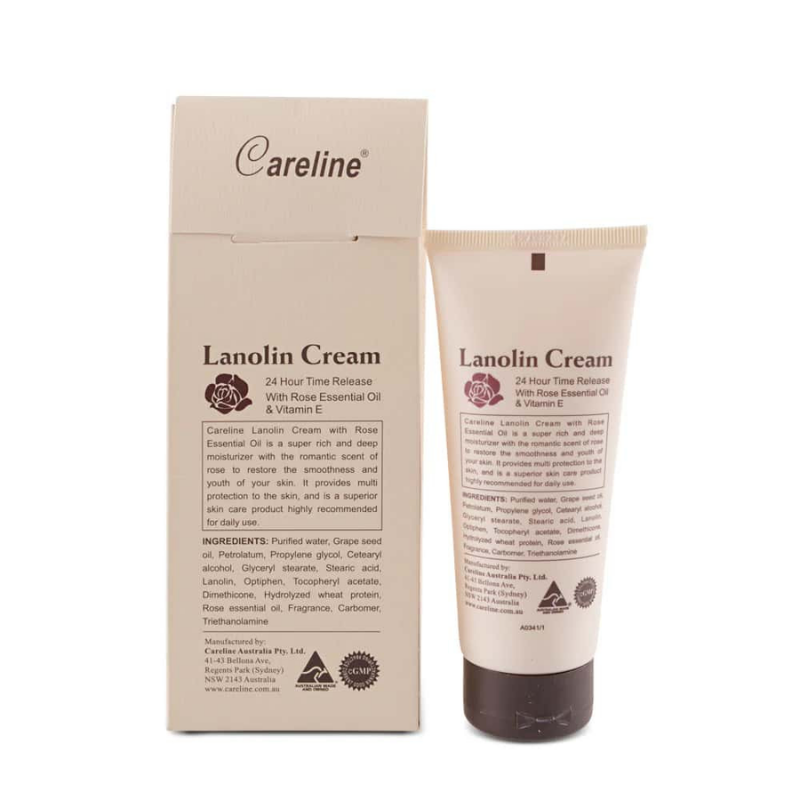 Careline Lanolin Hand Cream with Rose Essential Oil and Vitamin E 100ml premium Australian hand cream that deeply moisturises, softens, and protects dry hands with a rose scent.