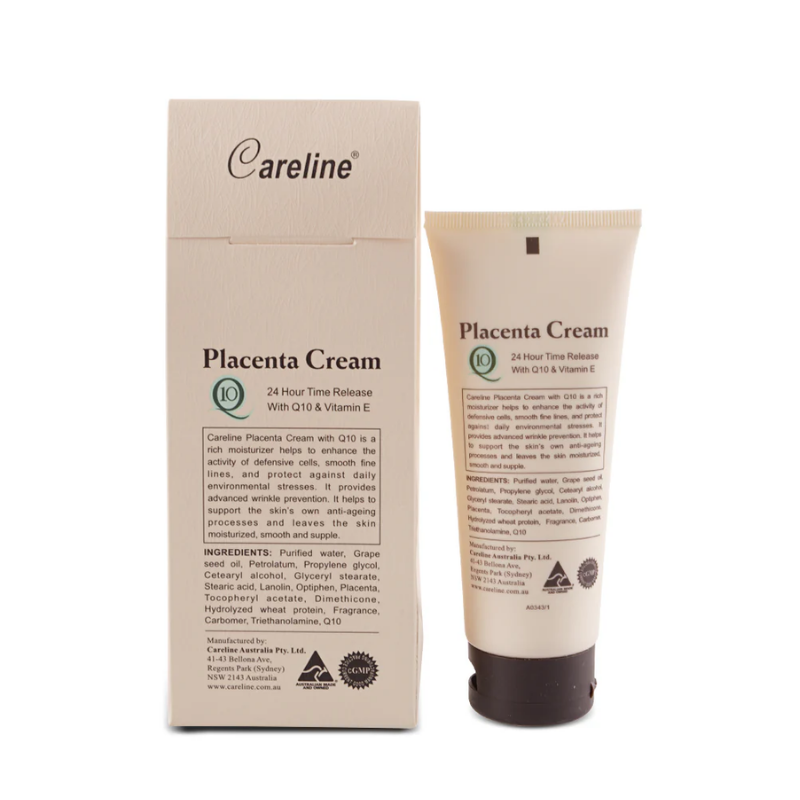 Careline Placenta Cream with Q10 and Vitamin E 100ml premium Australian skincare cream designed to support skin firmness, hydration, elasticity, and anti-ageing care.