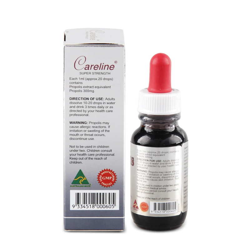 Careline Propolis Alcohol Free Liquid 25ml natural bee propolis extract in alcohol-free formula to support immune health, throat comfort, and overall wellbeing.