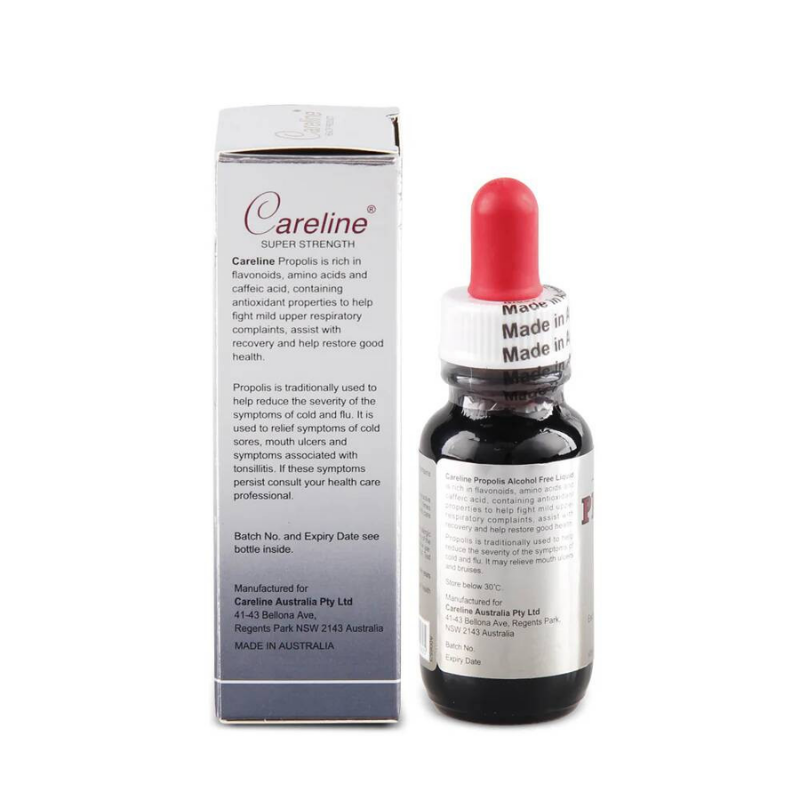 Careline Propolis Alcohol Free Liquid 25ml natural bee propolis extract in alcohol-free formula to support immune health, throat comfort, and overall wellbeing.