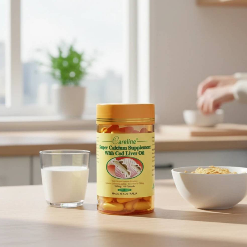 Careline Super Calcium Supplement with Cod Liver Oil 100 capsules premium nutritional supplement formulated to support strong bones, teeth, joint health, and overall wellbeing.