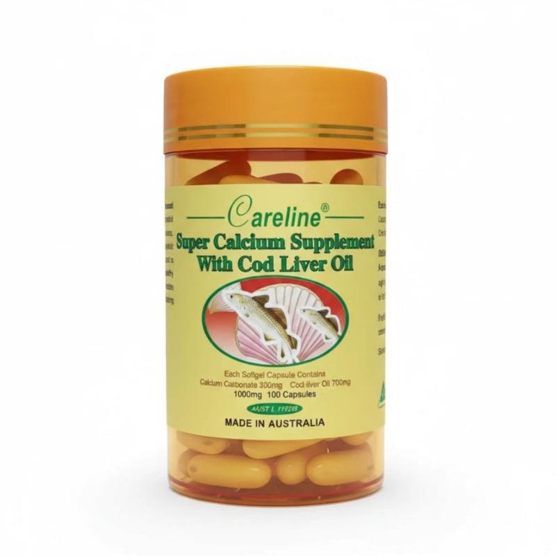 Careline Super Calcium Supplement with Cod Liver Oil 100 capsules premium nutritional supplement formulated to support strong bones, teeth, joint health, and overall wellbeing.