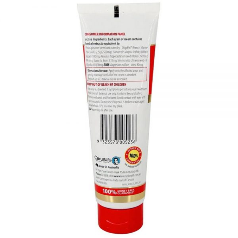 Caruso’s Veins Care Cream 75g, topical cooling cream designed to support circulation comfort and relieve heavy, tired legs with soothing botanical ingredients.