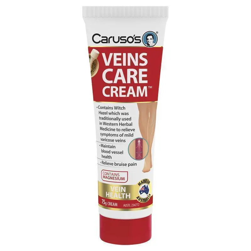 Caruso’s Veins Care Cream 75g, topical cooling cream designed to support circulation comfort and relieve heavy, tired legs with soothing botanical ingredients.