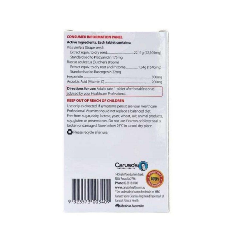 Caruso’s Veins Clear 60 Tablets, oral supplement designed to support vein health, circulation and reduce feelings of heavy, tired legs.