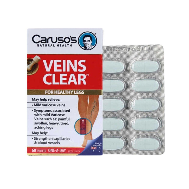 Caruso’s Veins Clear 60 Tablets, oral supplement designed to support vein health, circulation and reduce feelings of heavy, tired legs.