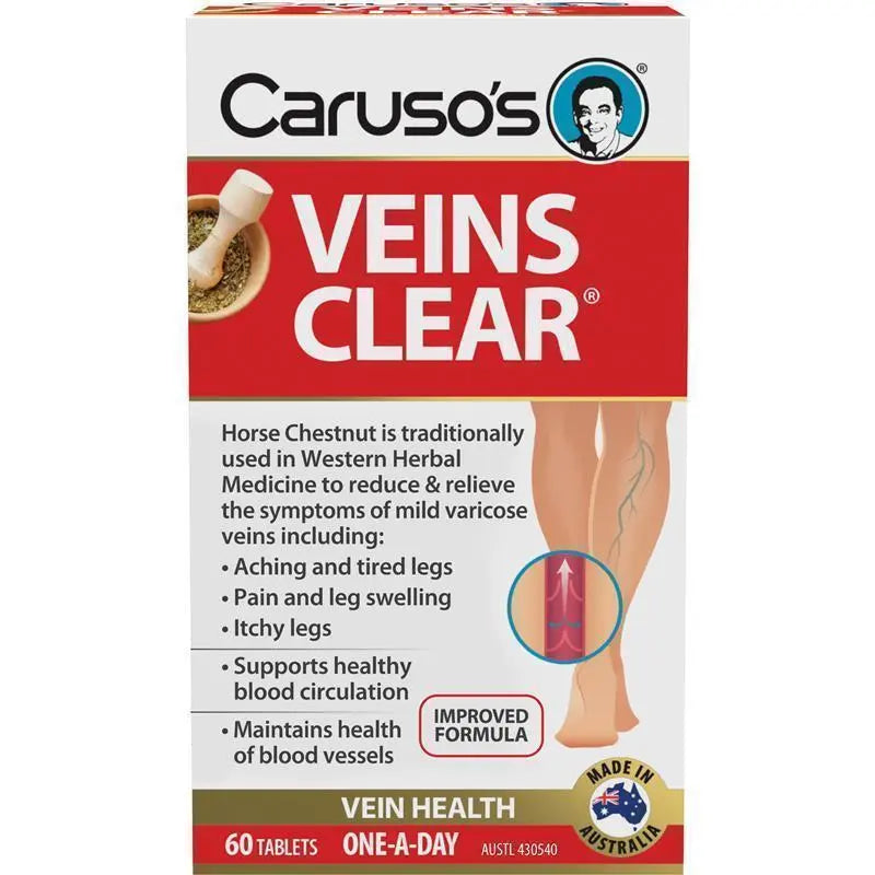 Caruso’s Veins Clear 60 Tablets | Vein & Circulation Support Supplement for Healthy Legs
