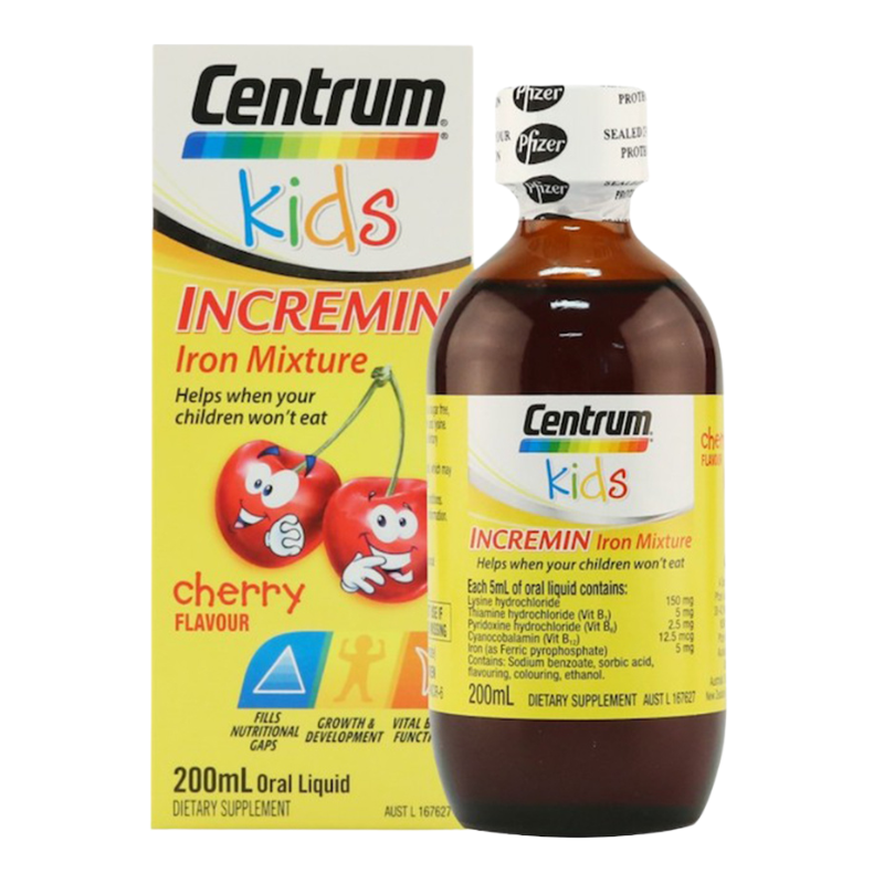 Centrum Kids Incremin Iron Mixture cherry flavour, shown with its retail box and a 200mL amber glass bottle on a plain white background.