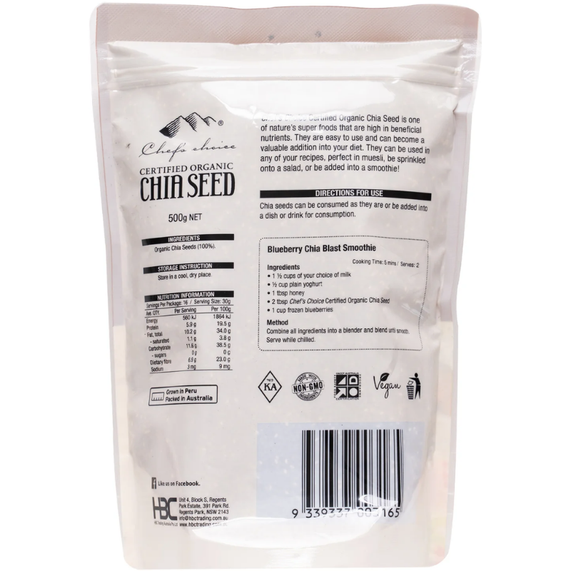Chef's Choice Organic Chia Seeds 1kg premium chia seeds rich in fibre, plant-based protein and omega-3 for healthy meals and snacks.