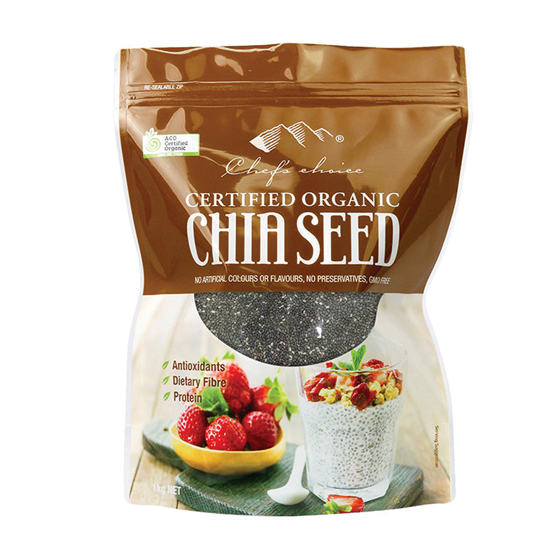 Chef's Choice Organic Chia Seeds 1kg premium chia seeds rich in fibre, plant-based protein and omega-3 for healthy meals and snacks.