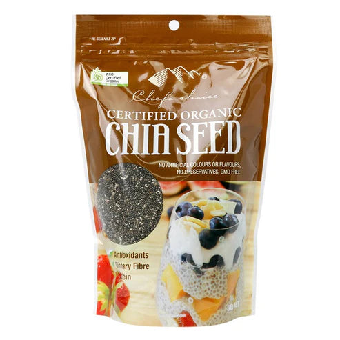 Bag of certified organic chia seeds with images of a smoothie and chia pudding on a white background.