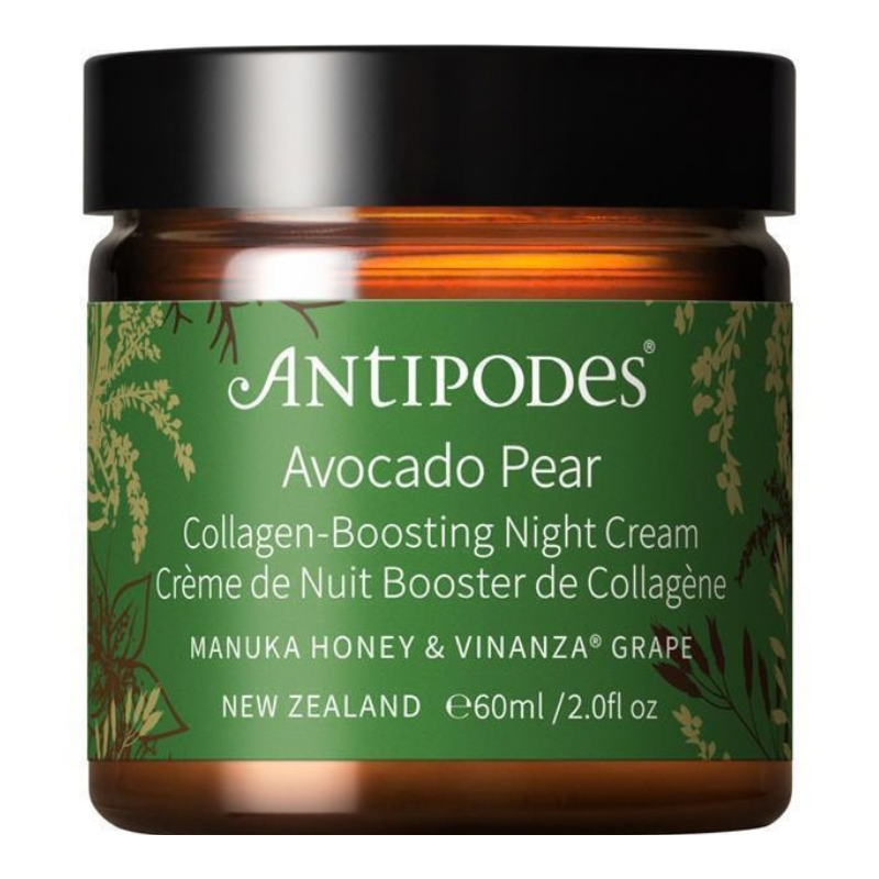 A jar of AntiPodes Avocado Pear Collagen-Boosting Night Cream, featuring an amber glass jar with a black lid and a green label with botanical illustrations.