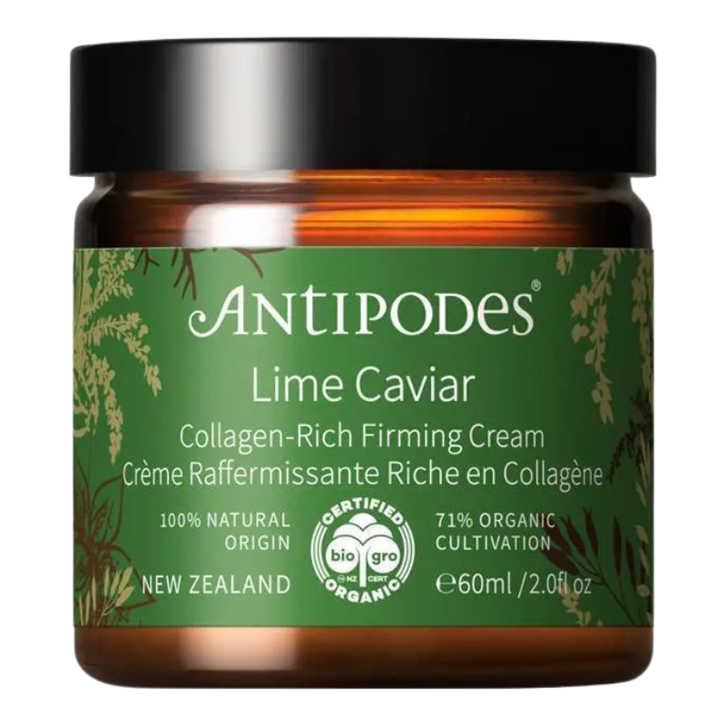 A jar of Antipodes Lime Caviar Collagen-Rich Firming Cream, featuring an amber glass jar, a black lid, and a green label with botanical illustrations.