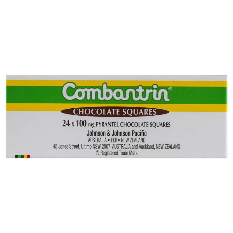 Combantrin Chocolate Squares 24 chocolate-flavoured chewable tablets in a 24-tablet pack.
