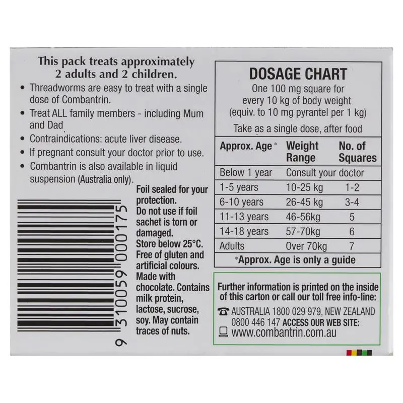 Combantrin Chocolate Squares 24 chocolate-flavoured chewable tablets in a 24-tablet pack.