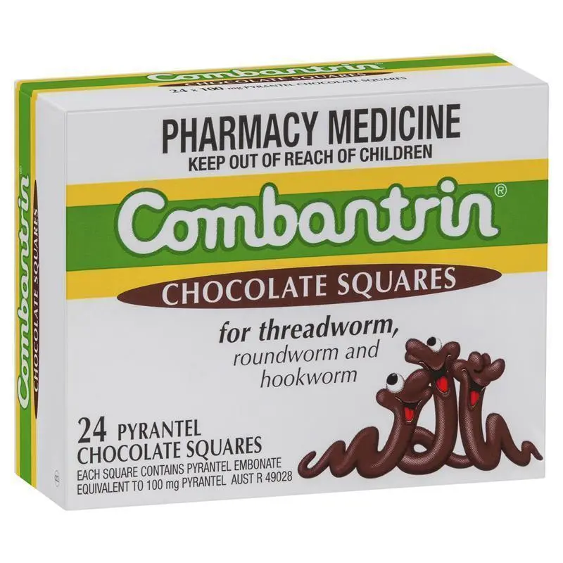 Combantrin Chocolate Squares 24 chocolate-flavoured chewable tablets in a 24-tablet pack.