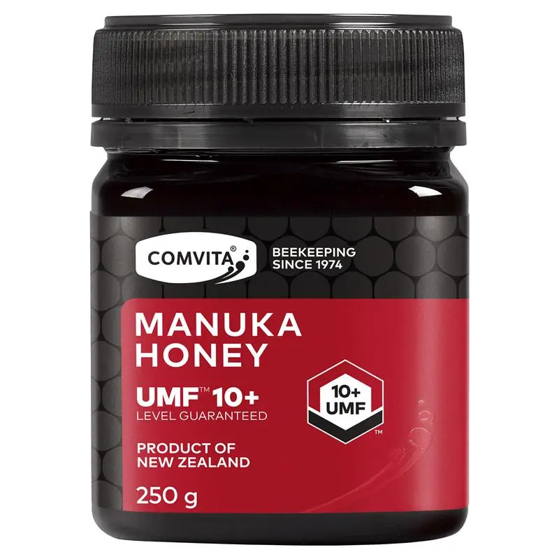 Comvita UMF 10+ Manuka Honey 250g jar packaging, premium New Zealand raw manuka honey for immune support and wellness nutrition