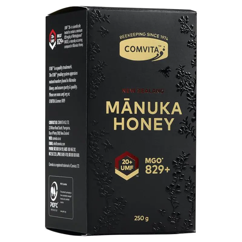 Comvita UMF 20+ Manuka Honey 250g jar packaging, ultra premium high-strength New Zealand manuka honey for immune support and wellness nutrition